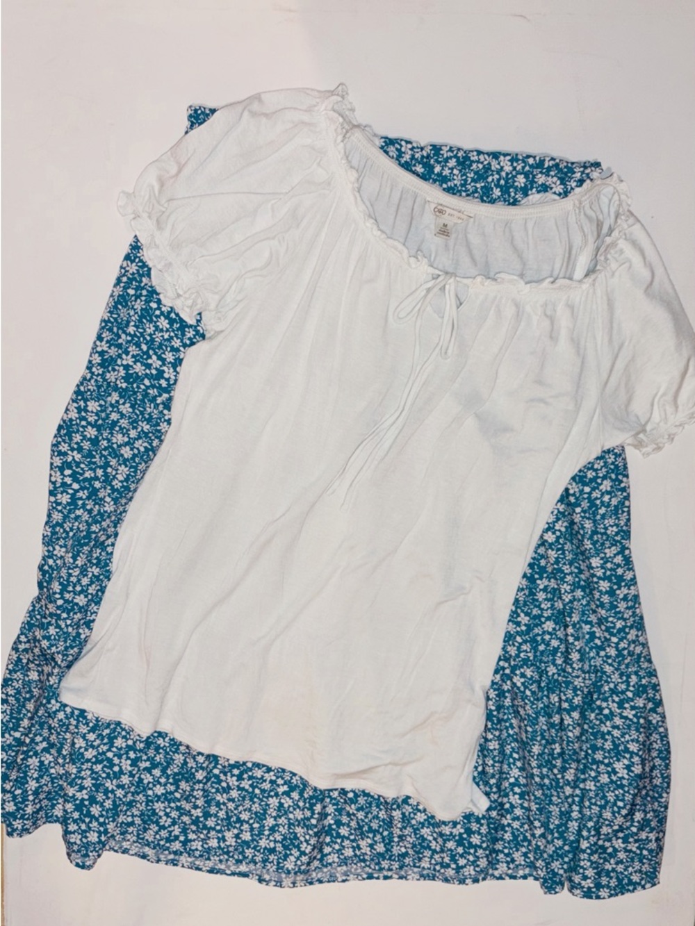BOGO Outfit Soft White Short-Sleeve Ruffle-Trim Top with Blue Floral Midi Skirt